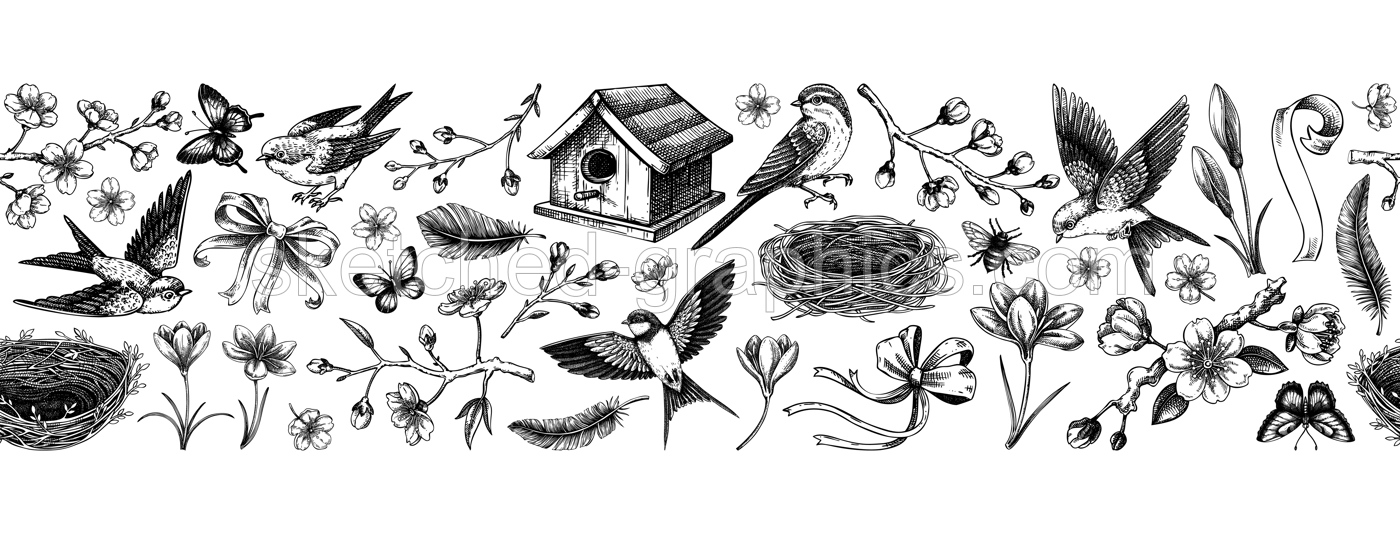 Hand drawn spring background. Seamless ribbon. Flying birds, sakura flowers, birdhouse, saffron vector sketch illustration. Easter pattern. NOT AI generated Illustration